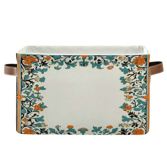 Storage Bins with Handle Fabric Organizer Basket Foldable Box 1 Pack Orange and Teal Floral Frame 14.2x10.2x8.3