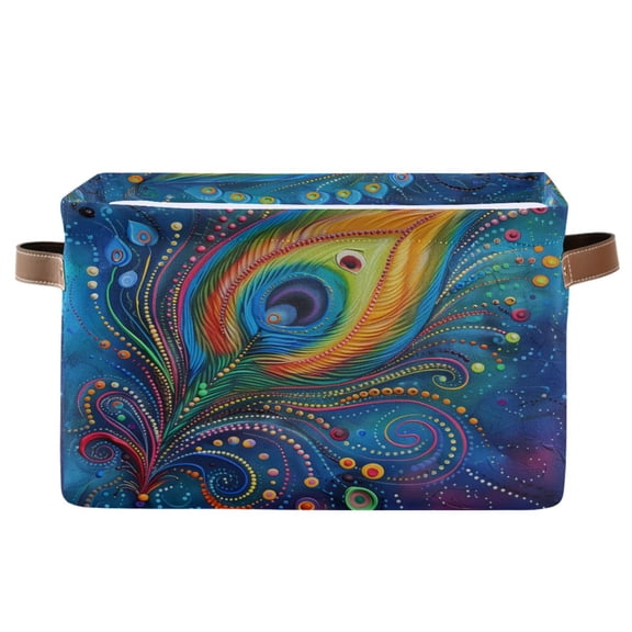 Storage Bins with Handle Fabric Organizer Basket Foldable Box 1 Pack Peacock Feather 14.2x10.2x8.3