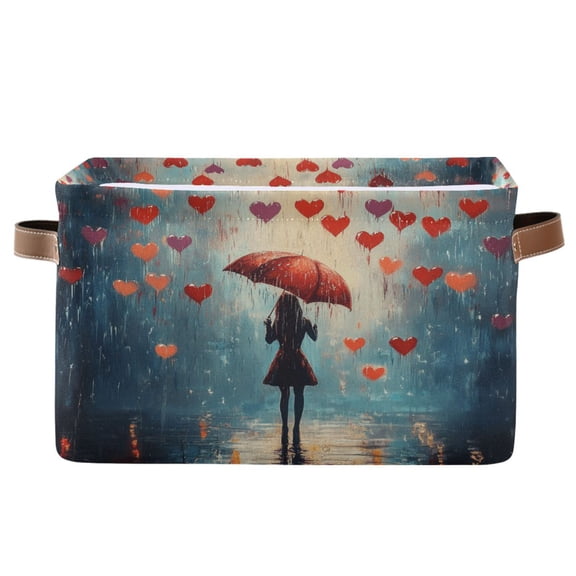 Storage Bins with Handle Fabric Organizer Basket Foldable Box 1 Pack Raining Love Hearts 14.2x10.2x8.3