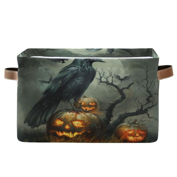 Storage Bins with Handle Fabric Organizer Basket Foldable Box 1 Pack Raven Bird and Pumpkins 14.2x10.2x8.3