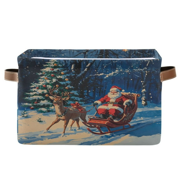 Storage Bins with Handle Fabric Organizer Basket Foldable Box 1 Pack Reindeer Pull Christmas Sleigh 14.2x10.2x8.3