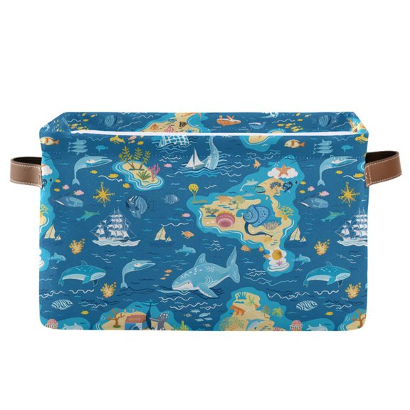 Storage Bins with Handle Fabric Organizer Basket Foldable Box 1 Pack Sea Islands Fish Ship 14.2x10.2x8.3
