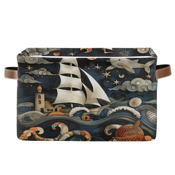 Storage Bins with Handle Fabric Organizer Basket Foldable Box 1 Pack Ship Lighthouse Whale 14.2x10.2x8.3