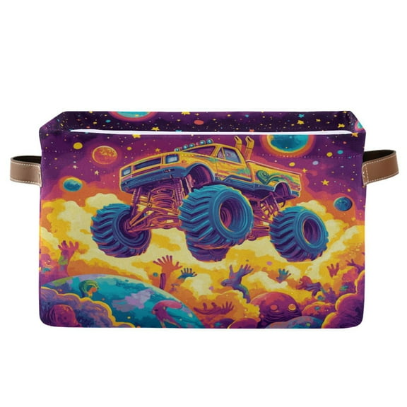 Storage Bins with Handle Fabric Organizer Basket Foldable Box 1 Pack Vibrant Monster Truck 14.2x10.2x8.3