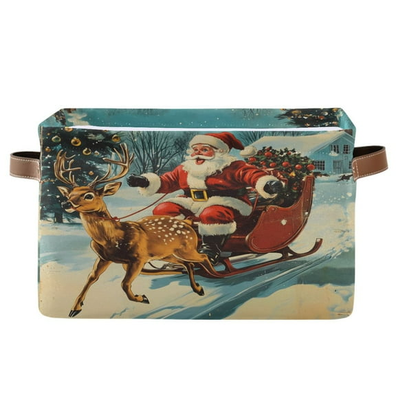 Storage Bins with Handle Fabric Organizer Basket Foldable Box 1 Pack Vintage Reindeer Pull Sleigh 14.2x10.2x8.3