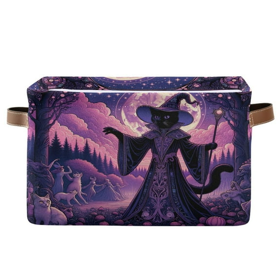 Storage Bins with Handle Fabric Organizer Basket Foldable Box 1 Pack Wizard Cat with Moon 14.2x10.2x8.3