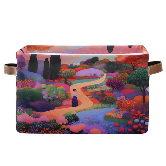 Storage Bins with Handle Fabric Organizer Basket Foldable Box 1 Pack Woman Walking in Garden 14.2x10.2x8.3