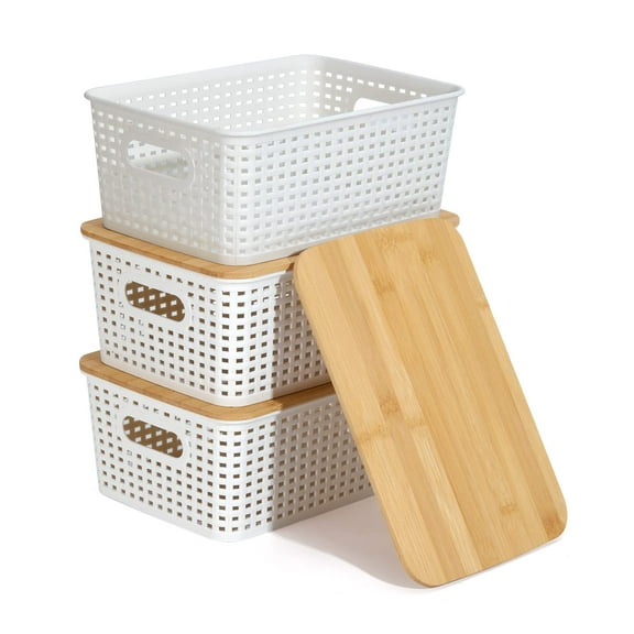 Storage Bins with Lids 3 Packs, Plastic Storage Bins with Bamboo Lids for Pantry Organization and Storage Containers