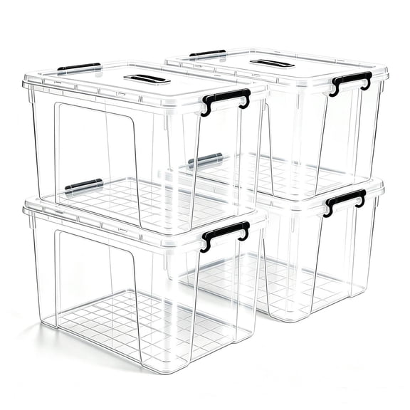 Storage Bins with Lids 4-Pack 90 QT, Stackable Plastic Containers and Organizer Totes with Secure Latches for Home Office Garage, Clear White