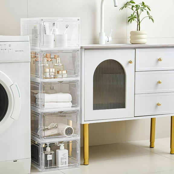 Storage Bins with Lids, 6 Pack Clear Plastic Storage Containers with Magnetic Acrylic Door, 19 Qt Stackable Storage Box for Home, Office Organizing