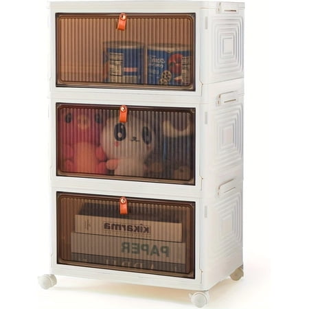Storage Bins with Lids-69QT Stackable Plastic Storage box with Doors and Wheels, Portable and Lockable Closet Organizer Boxes, Medium, 3 Tier