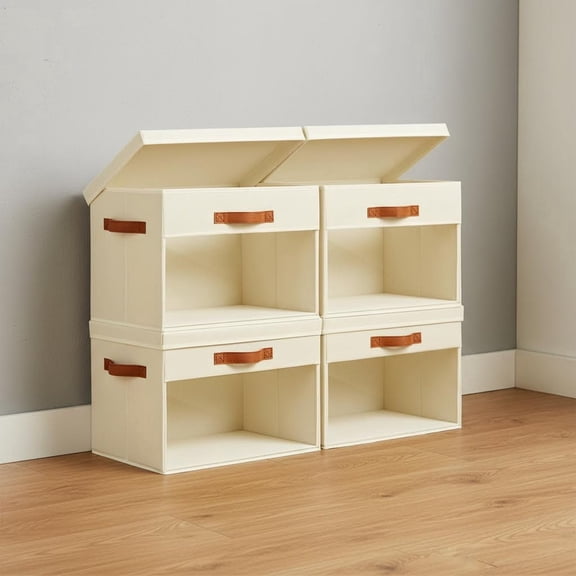 Storage Bins with Lids - Foldable Organizers with Clear Windows & Handles, Cube Organizers for Clothes, Blankets, Sweaters, Sheets, Beige