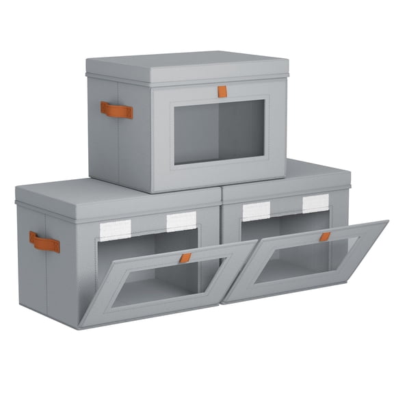 Storage Bins with Lids - Front Opening Storage Box with Clear Window & Handles, Stackable Foldable Bins