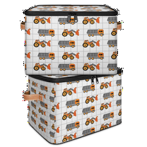 Storage Bins with Zipper Lid,Collapsible Organizer Box for Bedroom Living Room,Toys Clothes Pet Stuff, Construction Vehicle Print 14x10.2x10.4 Inch