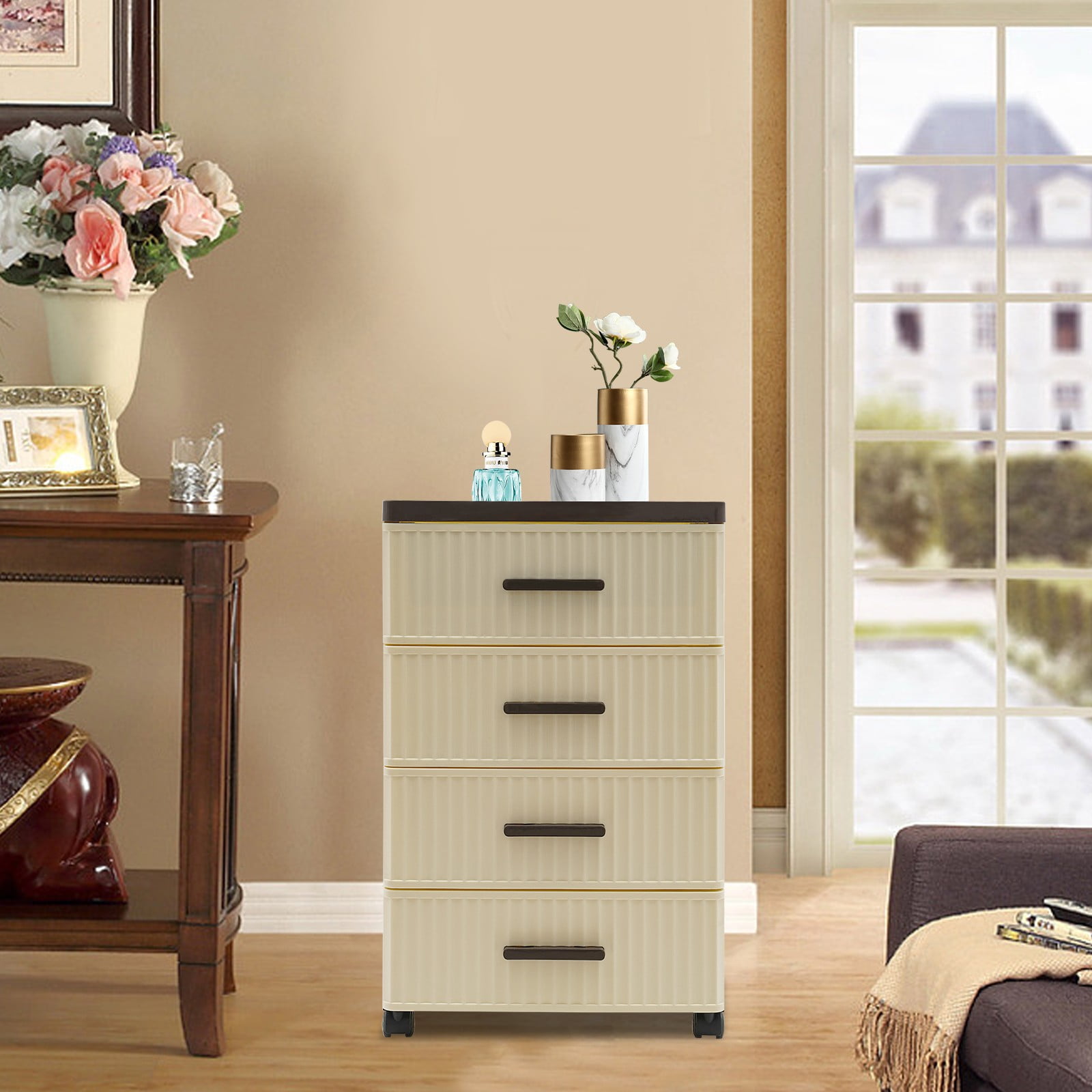 Storage Box with 4 Drawers, 35cm Wide Cream Brown Rolling Cart, PP Plastic Organizer with Wheels & Brakes, Cabinet for Bedroom, Multi Layer Storage Furniture