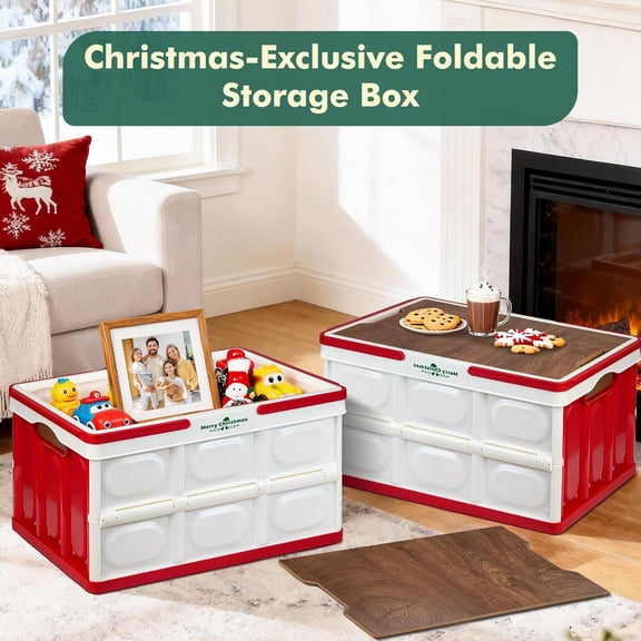 Storage Box 50L 2 Pack, Foldable Storage Box with Wood Lid & Handles, Includes Christmas Stickers for , Multifunctional Wood Top for Holiday Decor, Gift & Christmas Home Organization