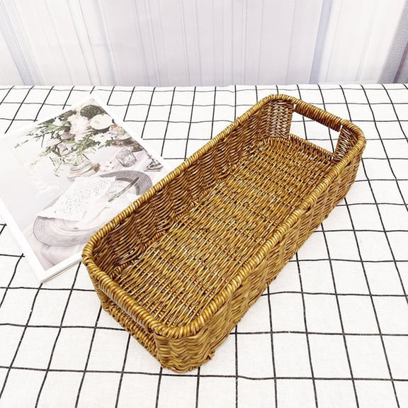 Storage Box,Desktop Organizer Imitation Vine Woven Plastic Basket With Flip Lid, Washable Hollow Drain Design, Reinforced Rim, 13.4 x 5.1 x 5.1 in Cable Storage