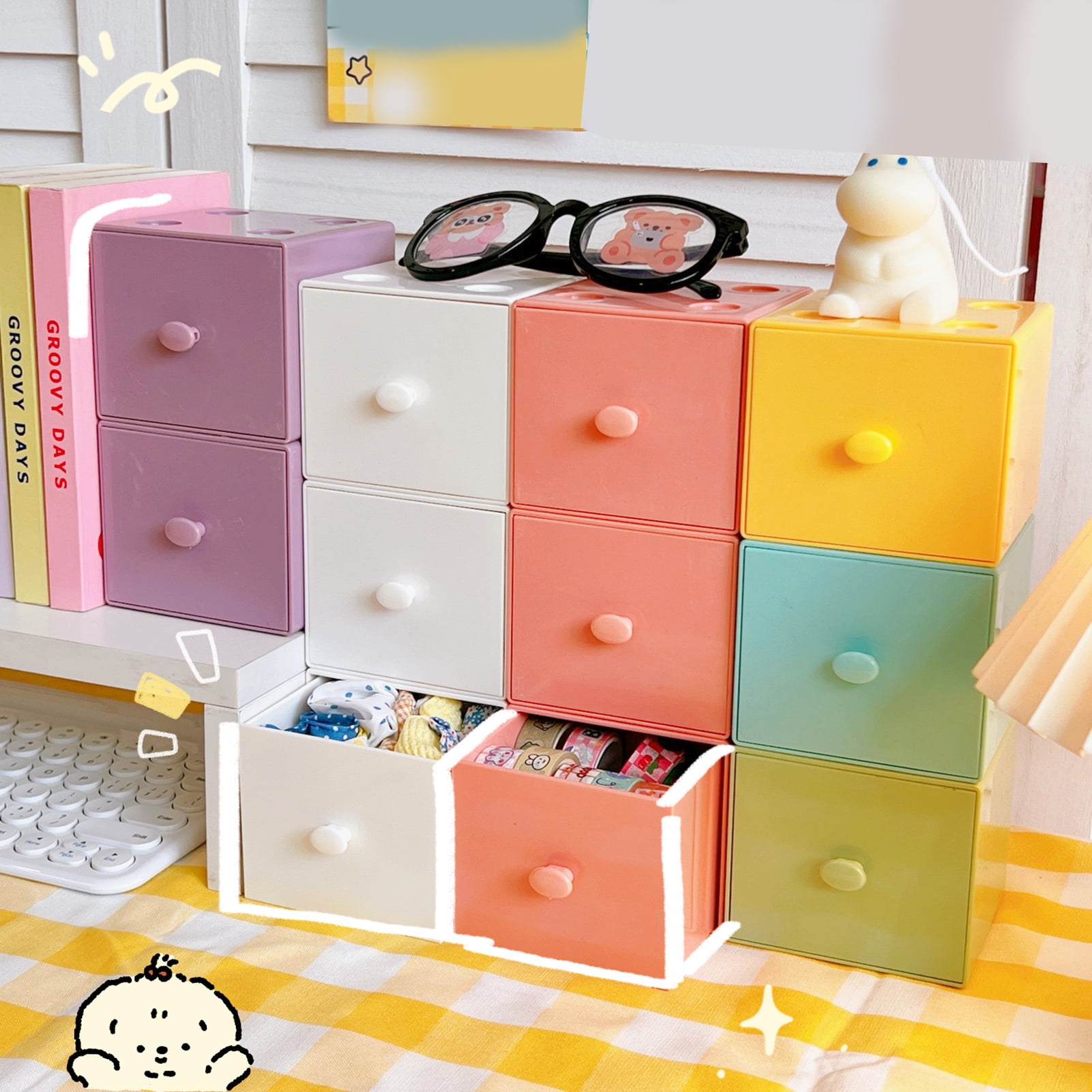 Storage Box Drawer Type Stackable Plastic Desktop Macaron Square ...