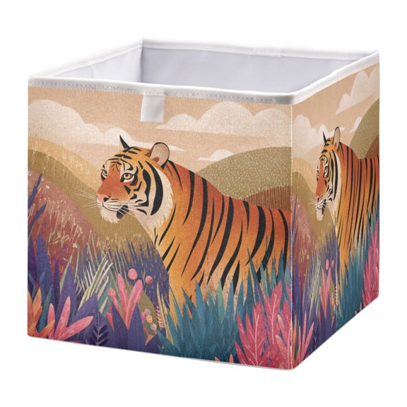Storage Box Foldable Storable and Easy to Assemble 11.02x11.02x11.02 Inches Open Home Storage Bins Closet Storage Bins Tiger Illustration