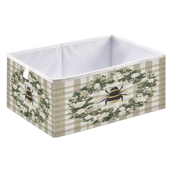 Storage Box Foldable Storable and Easy to Assemble 15.75x10.63x6.96 Inches Open Home Storage Bins Closet Storage Bins Gingham Bumblebee Wreath