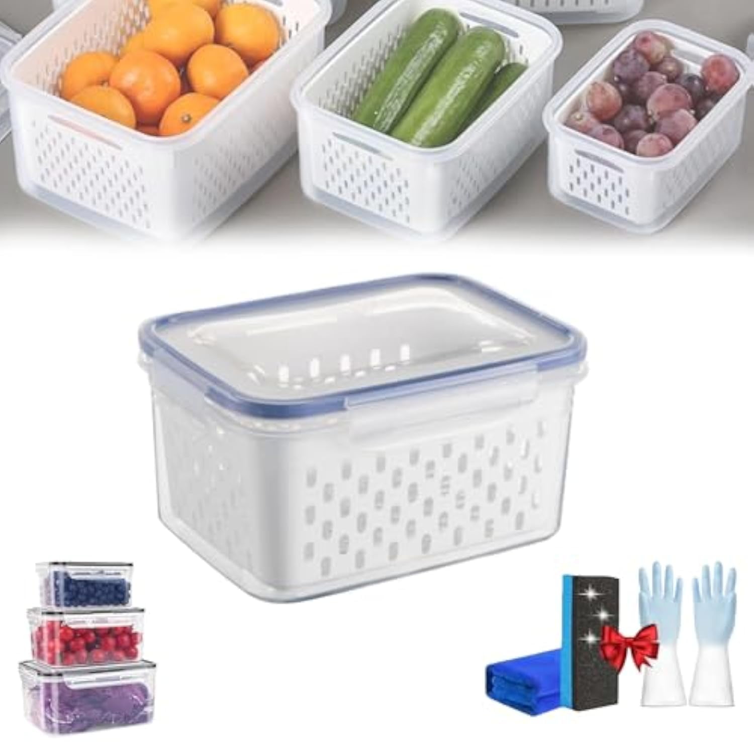 Drain Container Box Storage Box-Including Drain Basket, Transparent LeakProof Food Storage ...