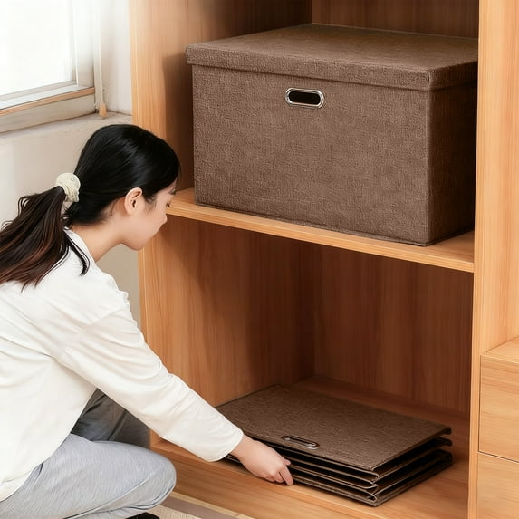 Storage Box With Lid, Linen Cottons Blend, Collapsible Organizer, Space-Saving, Modern Aesthetic, Home Bedroom, Wardrobe Storage, Furniture Decor Storage Solution TOPLIU