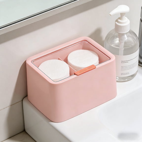 Storage Box with Lid​ White Plastic Construction Textured Side Panels Hinged Clear Lid Red Tab Bathroom Countertop Organization Cotton Ball Pad Storage