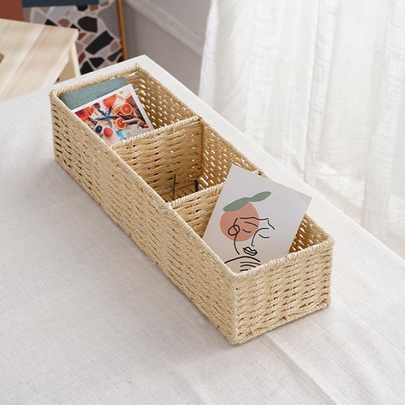Storage Box Modern Multi-Functional With Compartments Rattan Style Organizer Basket For Cosmetics Desktop Keys And Dormitory Storage Baskets And Bins
