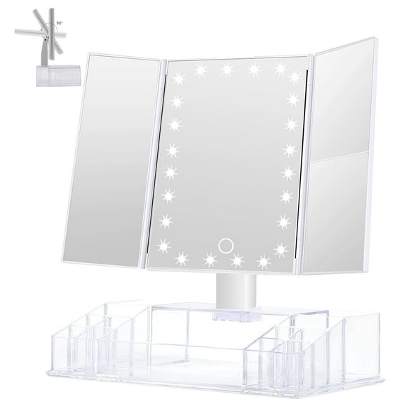 Storage Box Vanity Mirror for Makeup Tools,Makeup Mirror with Lights and Storage - 3x/2x Magnification, Tri-Fold Cosmetic Vanity Mirror with 24 Led Light, Touch Screen, 180 Degree Adjustable Rotation