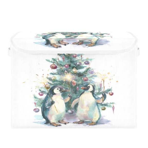 Storage Box With Lid 16.5x12.6x11.8In Foldable Stacked Household Storage Box Beautiful Christmas Penguins