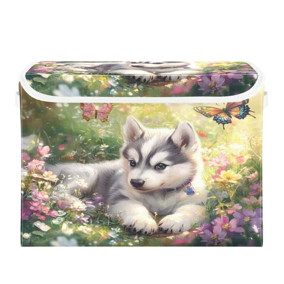 Storage Box With Lid 16.5x12.6x11.8In Foldable Stacked Household Storage Box Beautiful Cute Husky