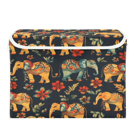 Storage Box With Lid 16.5x12.6x11.8In Foldable Stacked Household Storage Box Beautiful Elephants and Flowers