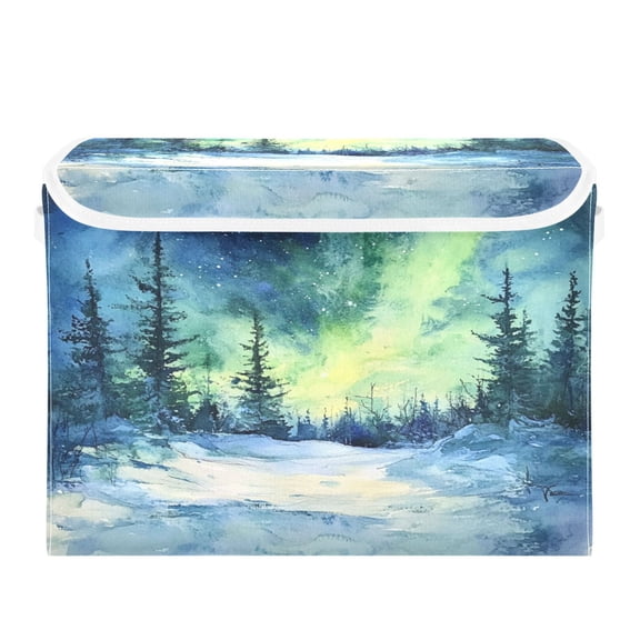 Storage Box With Lid 16.5x12.6x11.8In Foldable Stacked Household Storage Box Beautiful Forest Aurora