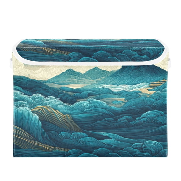 Storage Box With Lid 16.5x12.6x11.8In Foldable Stacked Household Storage Box Beautiful Green Mountains