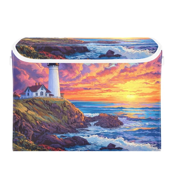 Storage Box With Lid 16.5x12.6x11.8In Foldable Stacked Household Storage Box Beautiful Lighthouse