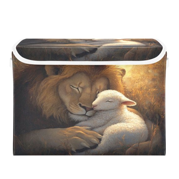 Storage Box With Lid 16.5x12.6x11.8In Foldable Stacked Household Storage Box Beautiful Lion Sheep
