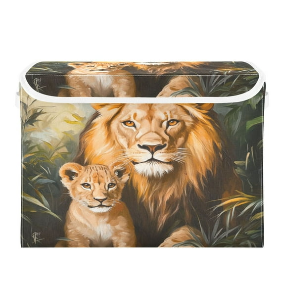 Storage Box With Lid 16.5x12.6x11.8In Foldable Stacked Household Storage Box Beautiful Lions