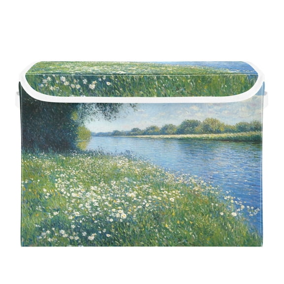 Storage Box With Lid 16.5x12.6x11.8In Foldable Stacked Household Storage Box Beautiful Oil Painting Lake