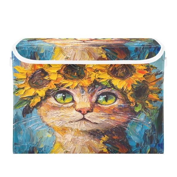 Storage Box With Lid 16.5x12.6x11.8In Foldable Stacked Household Storage Box Beautiful Sunflower Cat