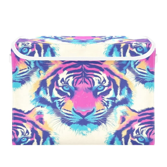 Storage Box With Lid 16.5x12.6x11.8In Foldable Stacked Household Storage Box Beautiful Tiger Seamless