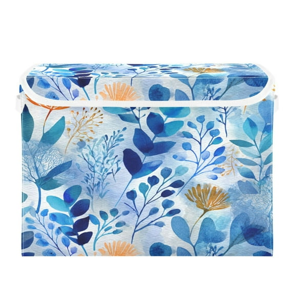 Storage Box With Lid 16.5x12.6x11.8In Foldable Stacked Household Storage Box Beautiful Watercolor Blue Leaves