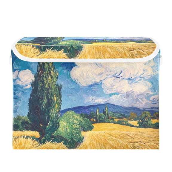 Storage Box With Lid 16.5x12.6x11.8In Foldable Stacked Household Storage Box Beautiful Wheat Field
