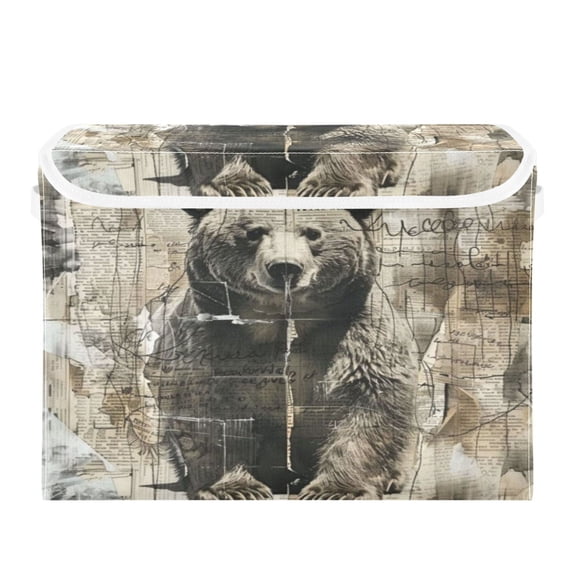 Storage Box With Lid 16.5x12.6x11.8In Foldable Stacked Household Storage Box Black Bear and Newspaper