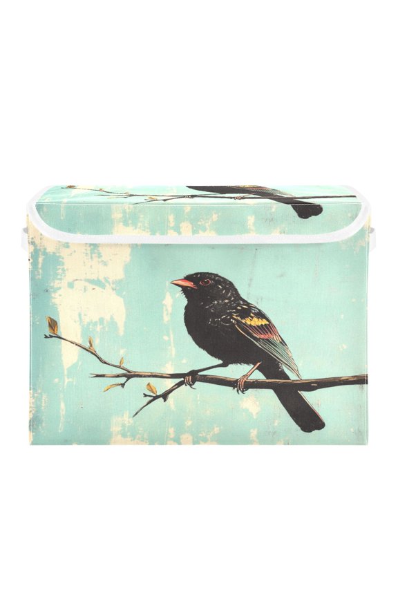 Storage Box With Lid 16.5x12.6x11.8In Foldable Stacked Household Storage Box Black Painting Bird