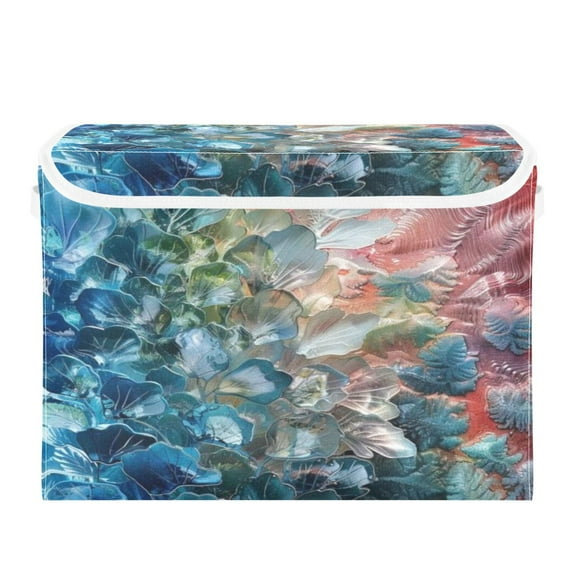 Storage Box With Lid 16.5x12.6x11.8In Foldable Stacked Household Storage Box Blue Leaves