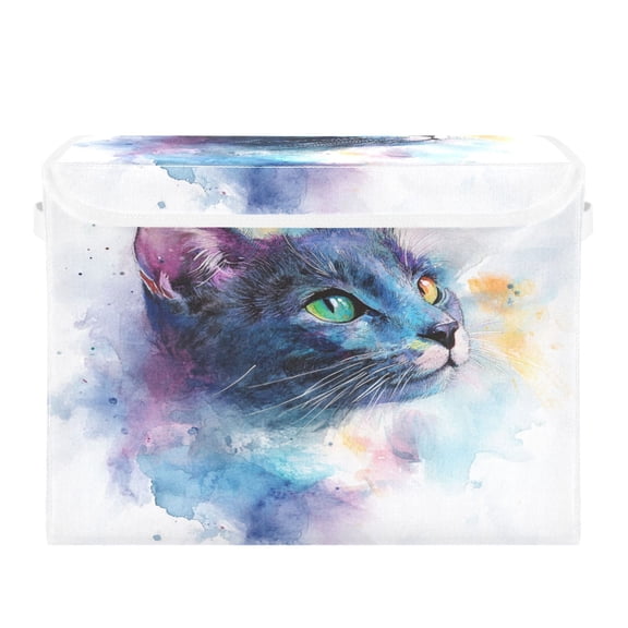 Storage Box With Lid 16.5x12.6x11.8In Foldable Stacked Household Storage Box Blue Watercolor Cat