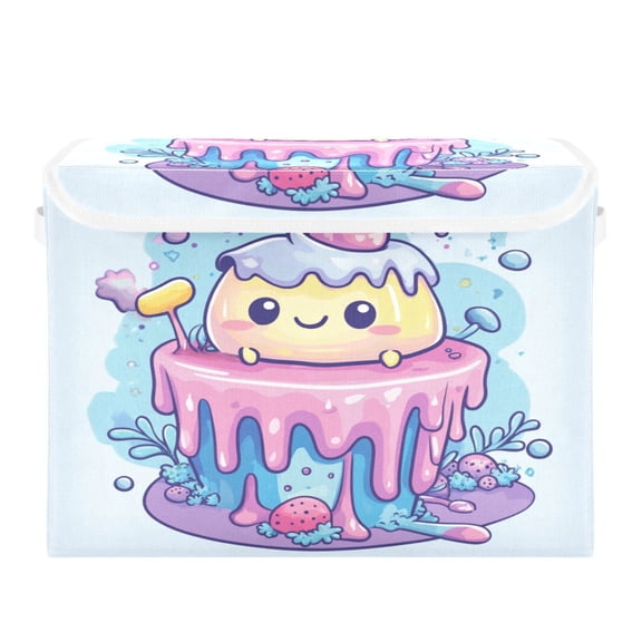 Storage Box With Lid 16.5x12.6x11.8In Foldable Stacked Household Storage Box Cartoon Beautiful Cake