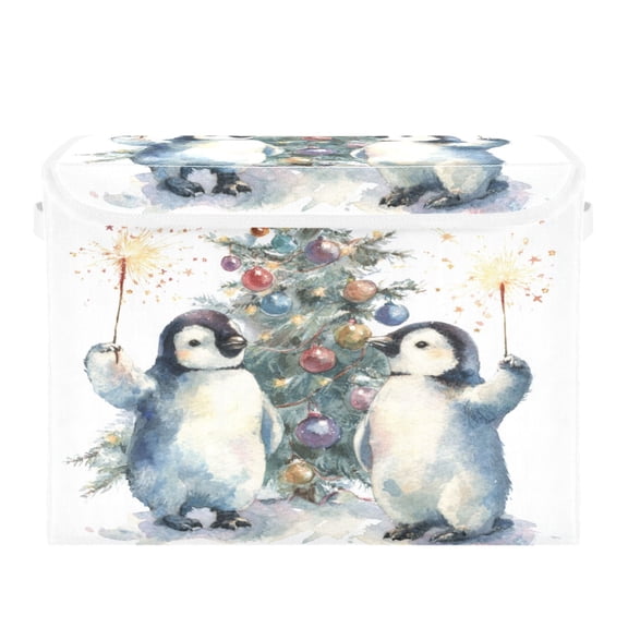 Storage Box With Lid 16.5x12.6x11.8In Foldable Stacked Household Storage Box Cartoon Christmas Penguins