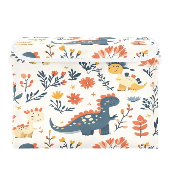 Storage Box With Lid 16.5x12.6x11.8In Foldable Stacked Household Storage Box Cartoon Dinosaurs and Leaves