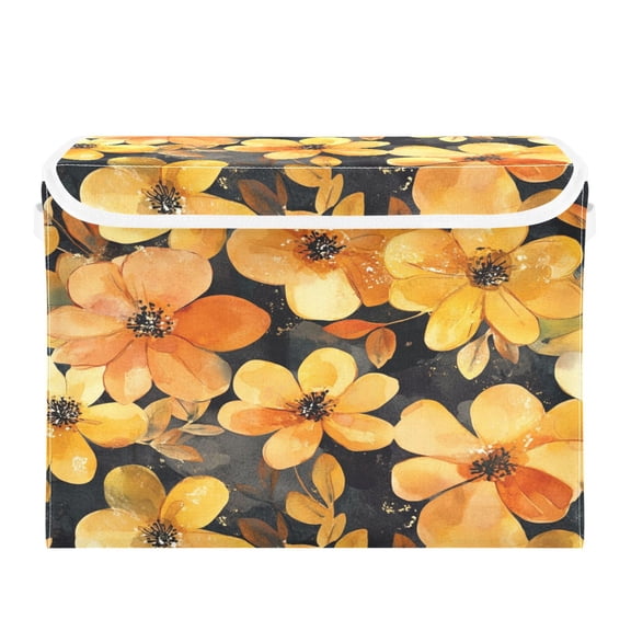 Storage Box With Lid 16.5x12.6x11.8In Foldable Stacked Household Storage Box Cartoon Gold Flowers